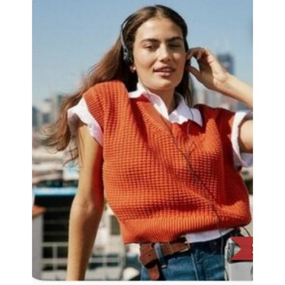 Madewell Waffle Knit Sweater Vest Size M Roasted Squash Orange Cotton Fall Layer - Picture 1 of 13
